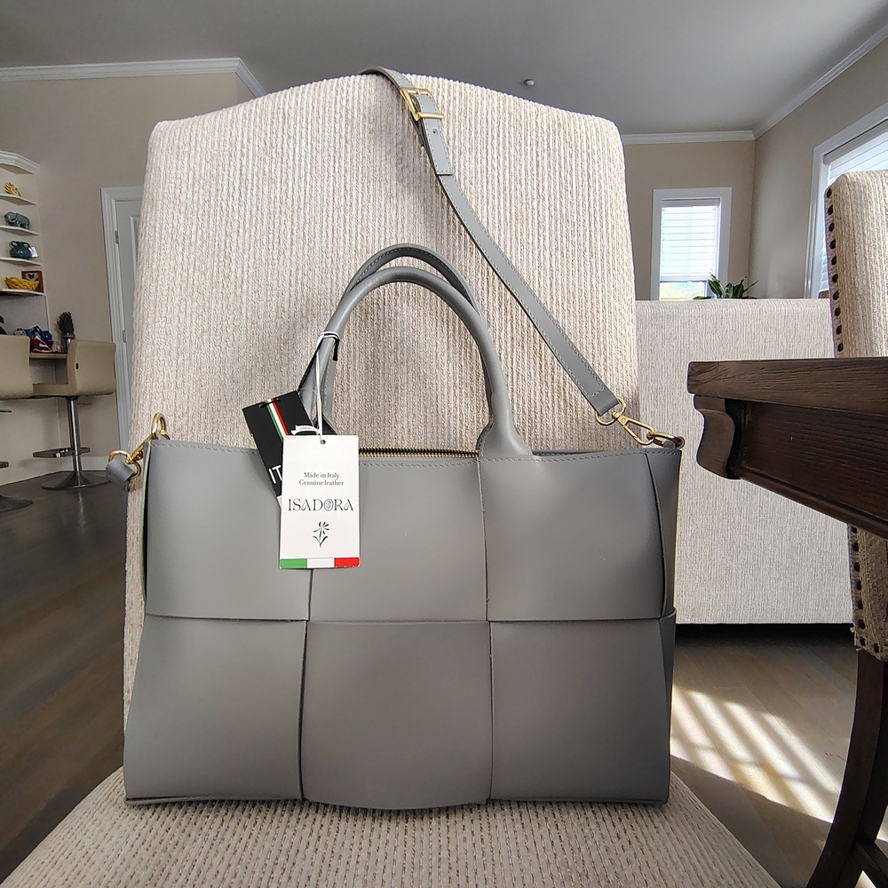 Italian Leather Woven Handbag - Gray